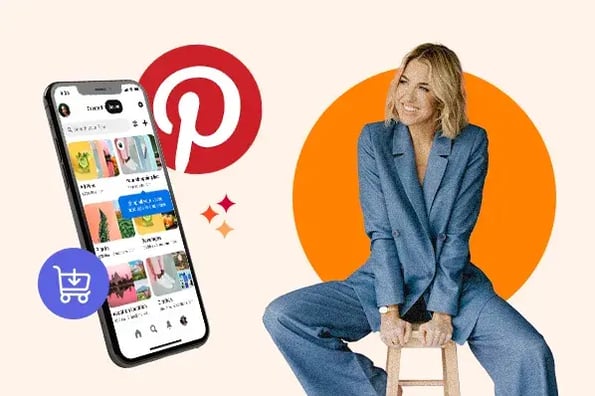 Selling products on Pinterest graphic with creator Jenna Kutcher, a Pinterest logo, and a smartphone showing the social media platform