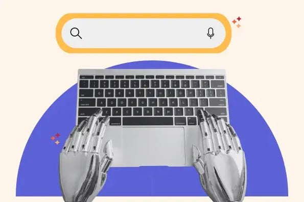 Une barre de recherche vide au-dessus des mains du robot tapant sur un ordinateur portable.