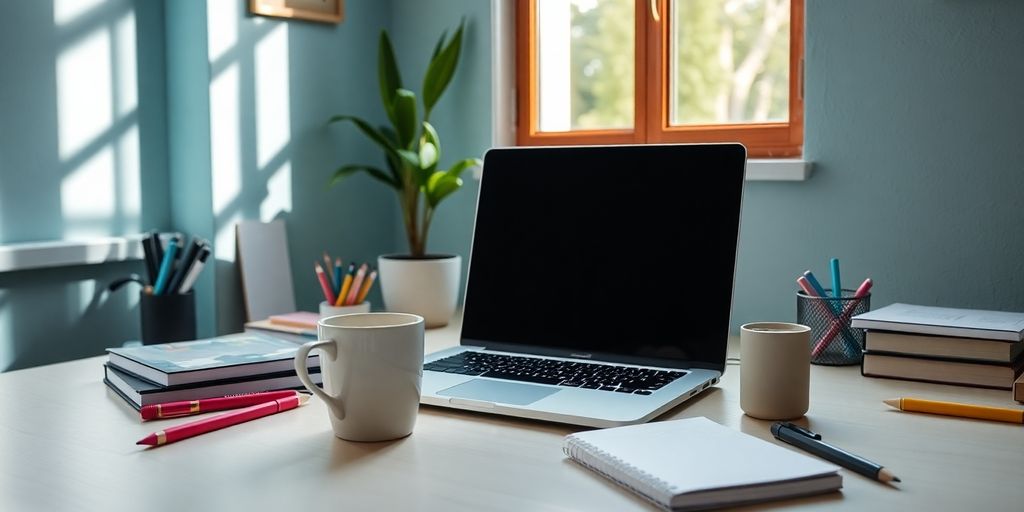 A cozy blogging workspace with a laptop and coffee.