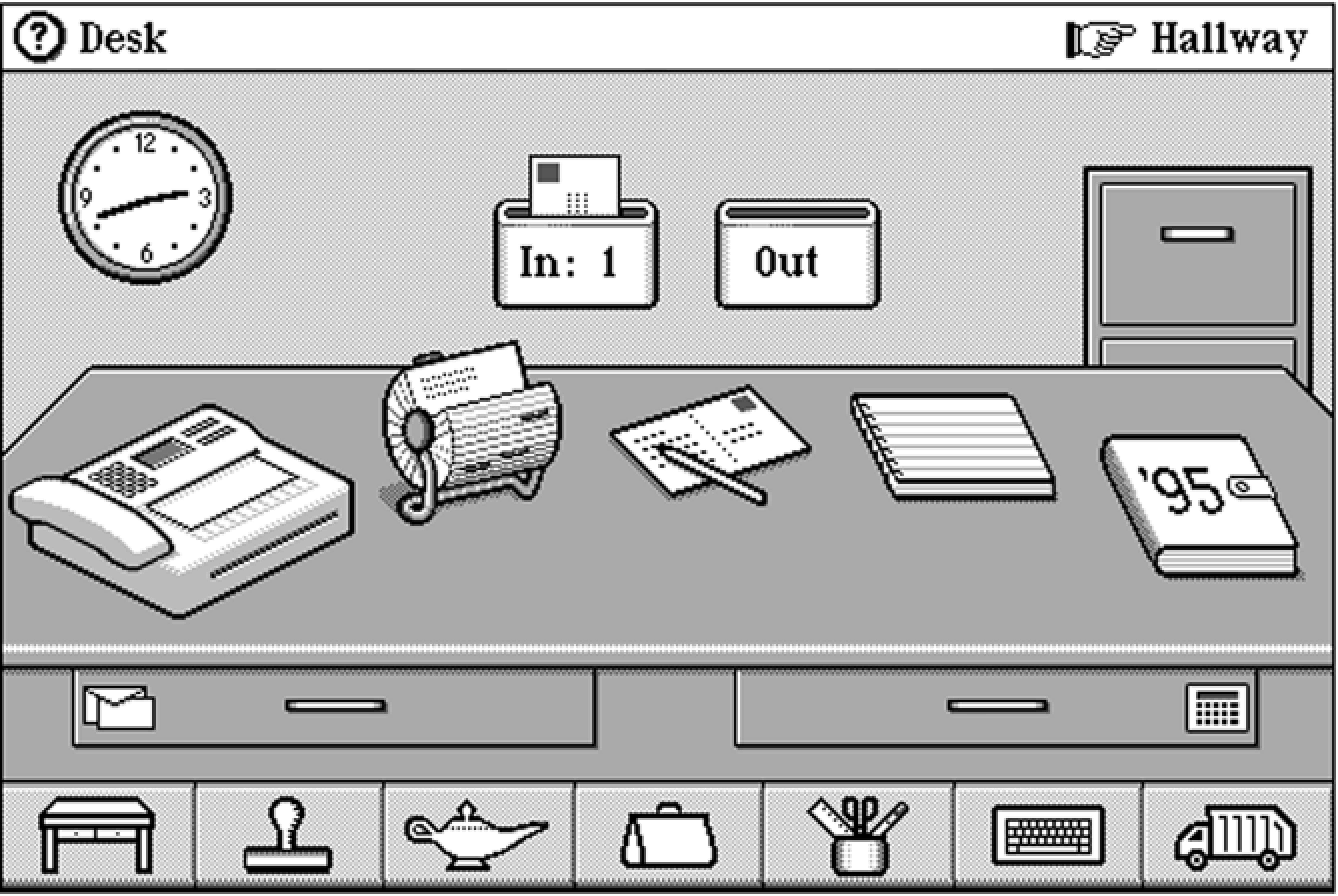 Un bureau virtuel informatisé avec des tiroirs, sur lequel sont exposés des objets tels qu'un téléphone, un rolodex, un cahier et un stylo, avec des boîtes d'entrée et d'envoi et une horloge au mur.