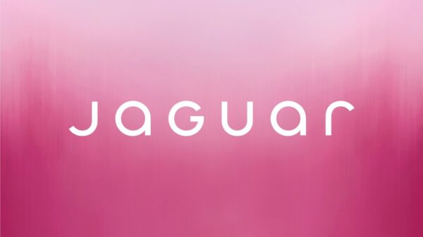 Jaguar letters displayed in white on a shaded pink background.