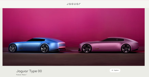 Jaguar shows the future vision of the car. Blue and pink cars with a futuristic look.