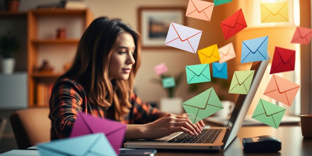 Person working on a laptop with colorful email envelopes.