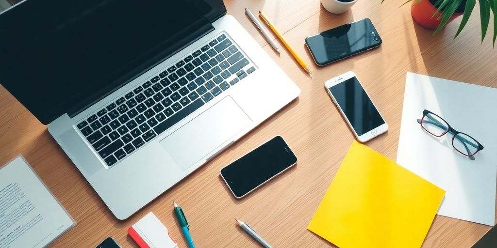 Flat lay of marketing tools for bloggers on a desk.