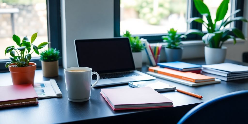 A bright and inviting blogging workspace with a laptop.