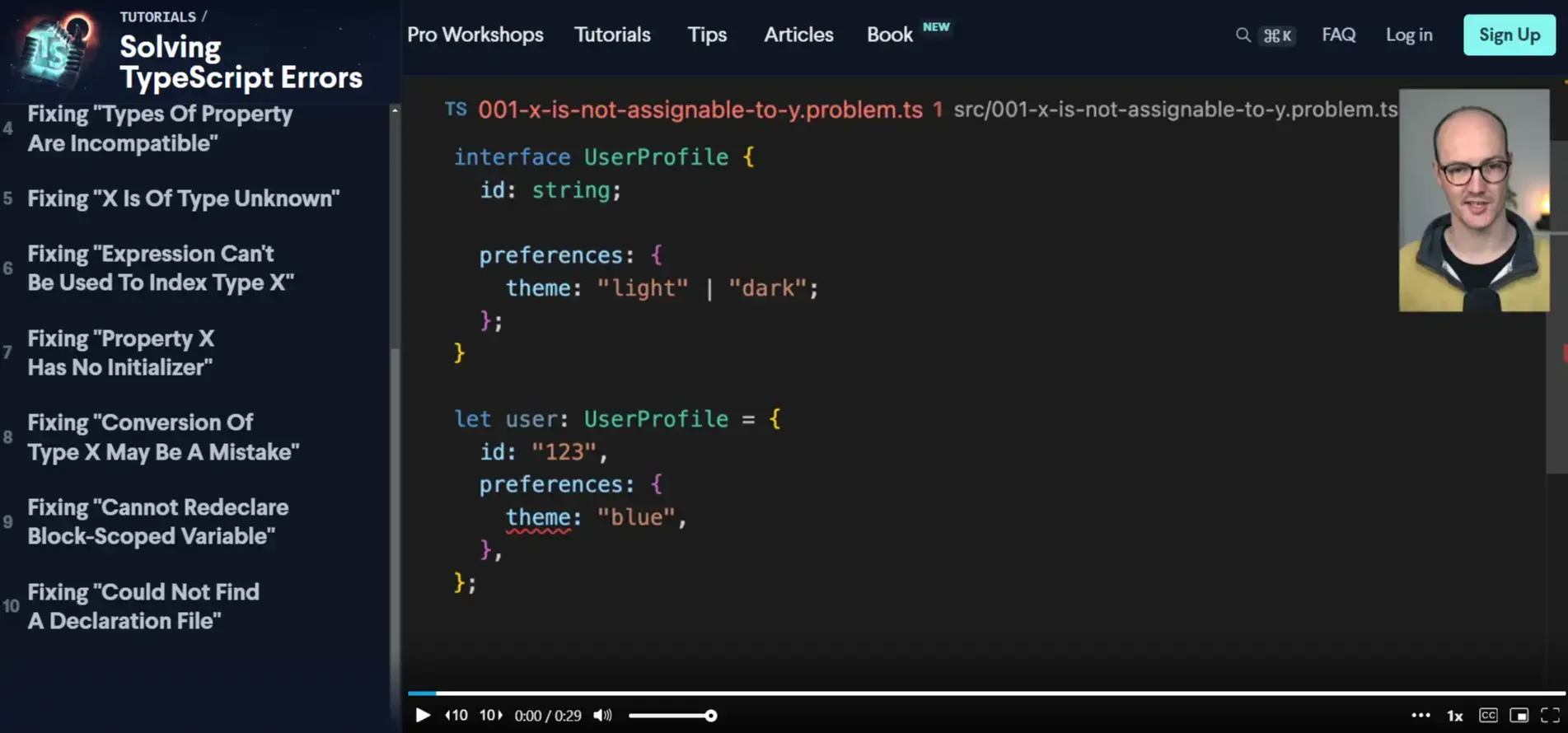 A screenshot of a video tutorial used to explain complex TypeScript errors.