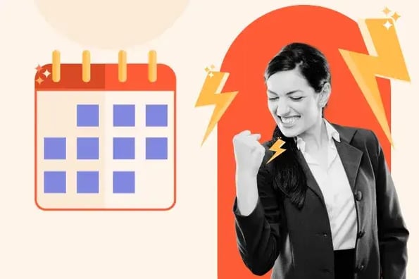 Woman fist pumps next to an illustration of a calendar