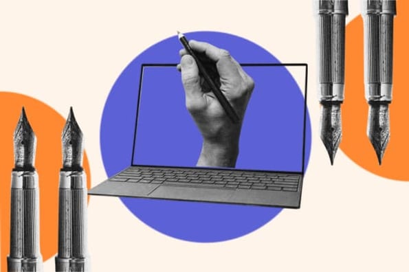 computer screen shows a hand with a pencil; AI copywriting tools