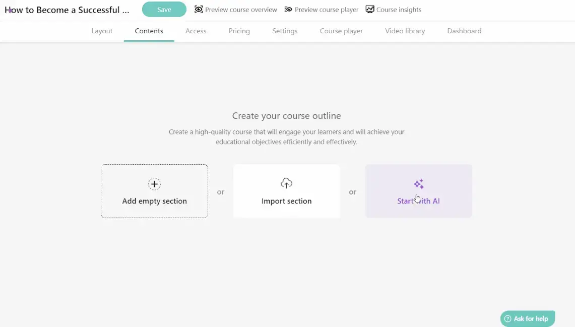 A screenshot of LearnWorlds dashboard showing the 'Create your course outline' page and options for adding course content along with 'Start with AI'.